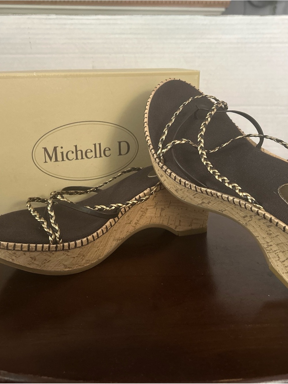 Michelle D Dark Brown Braided Cork Wedge Sandals
